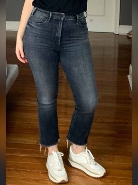 MOTHER Dark Blue Cropped Fray-Hem Jeans